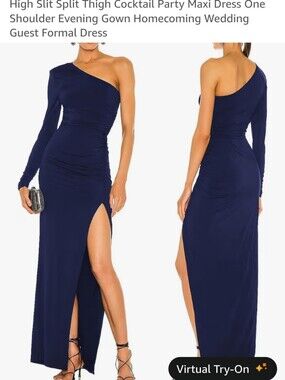 Navy One-Shoulder Ruched Maxi Dress with Thigh Slit